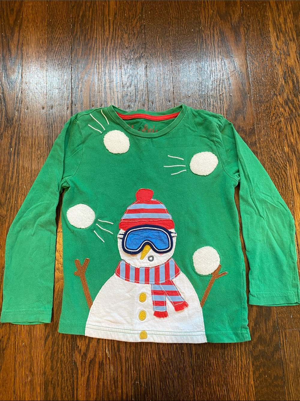 Mini Boden Green Snowman Long-Sleeve Tee with Goggles